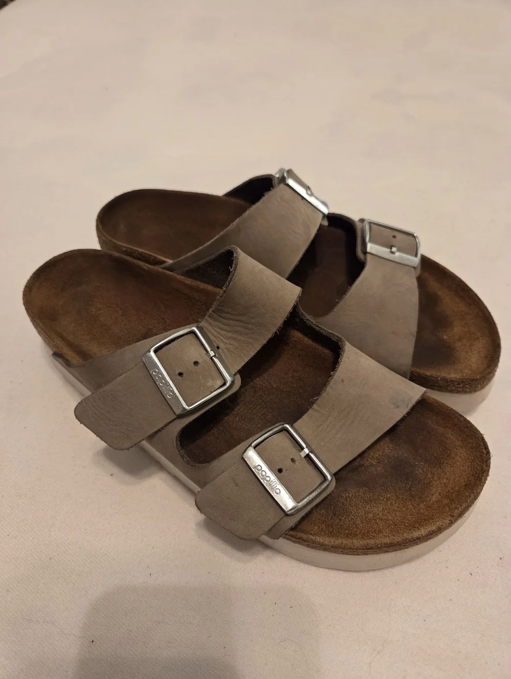 PAPILLIO By‎ BIRKENSTOCK Arizona Grey/Green Leather Two Strap Platform Sandal 40